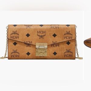 MCM Tracy Cognac Leather Clutch with Gold Chain